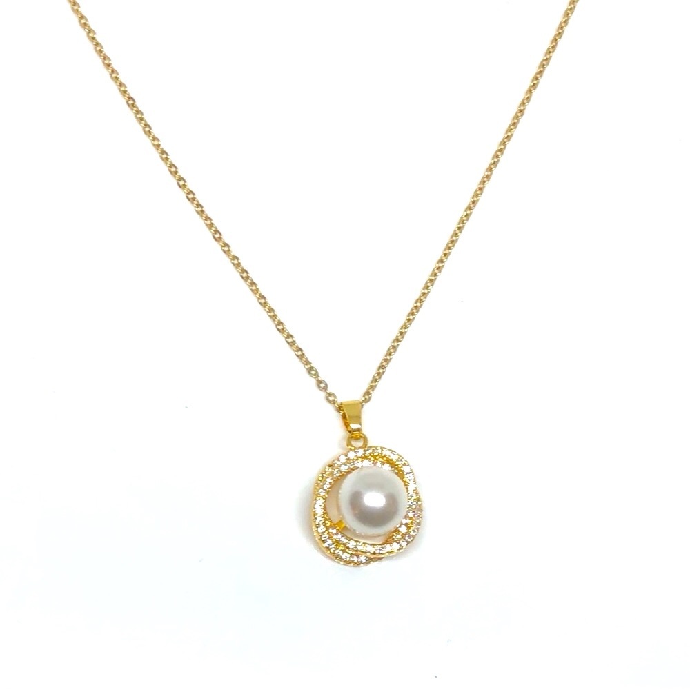 Gold Stainless Steel Double Halo Pearl Necklace